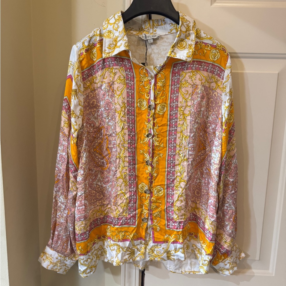 Rachel Zoe Gold and Cream Swirl Blouse scarf pattern top Large nwt